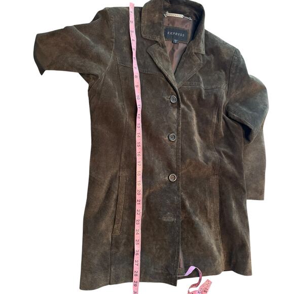 Vintage Express Dark Brown Longline Suede Jacket Medium 90s Y2K‎ Minimal Classic - Picture 8 of 10